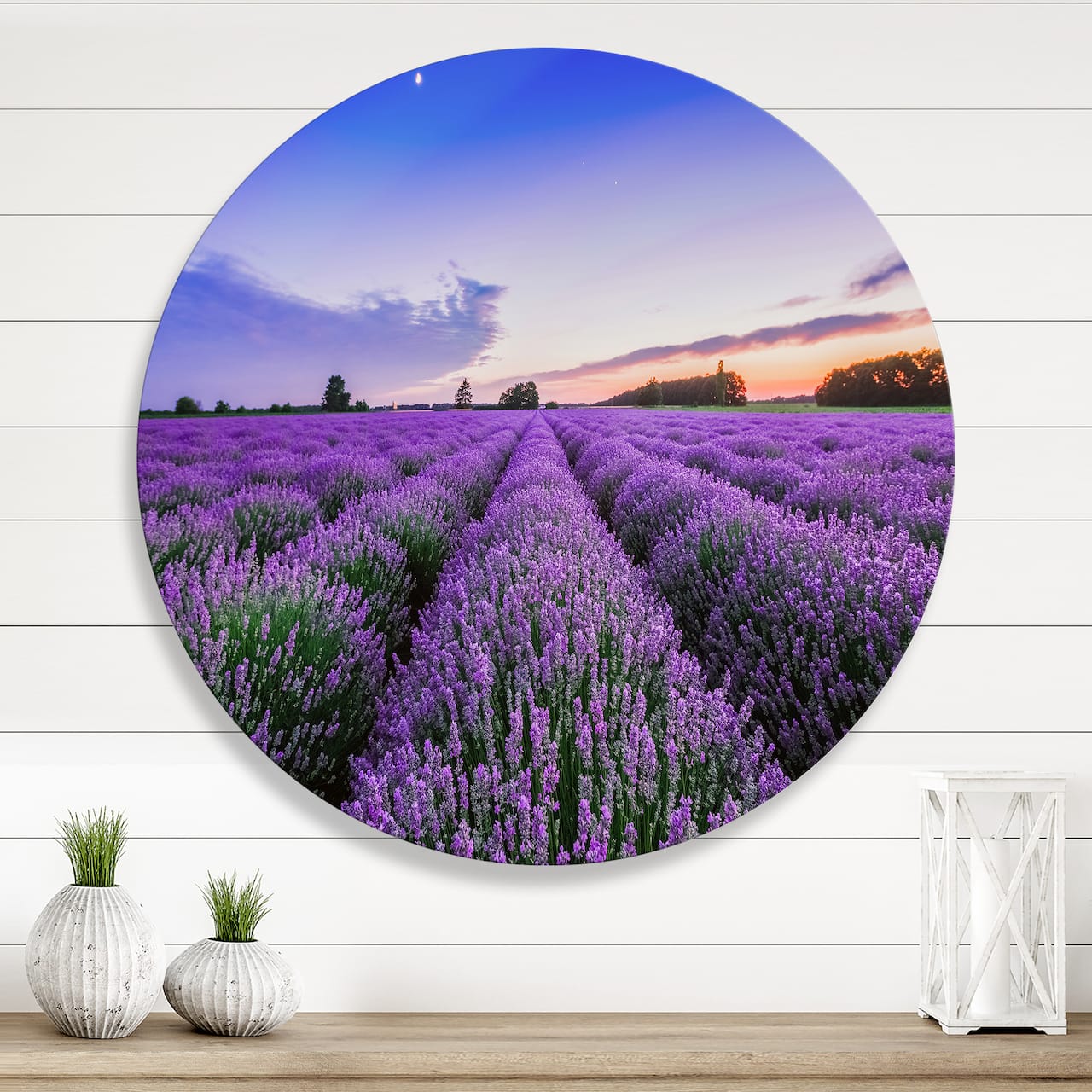 Designart - Sunrise & Dramatic Clouds Over Lavender Field II - Farmhouse Metal Circle Wall Art